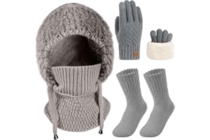 Kyndara 3Pcs Women Winter Hat Gloves Socks Set, 3-in-1 Thermal Knitted Beanie Hat with Face Mask Touch Screen Gloves Warmer Stocking Winter Cold Weather Kit for Skii Outdoor Sports