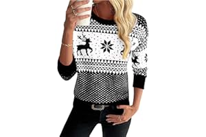 Uniexcosm Navideño Suéter para Mujer Invierno Jersey Navidad de Mujeres Manga Larga Alce Copo de Sueter Pullover de Punto Cuello Redondo Jersey de Navidad