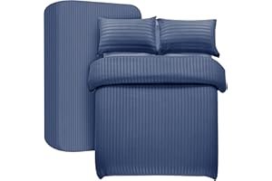 My home store Set copripiumino singolo blu navy, 3 pezzi, copripiumino a righe satinate, morbida microfibra spazzolata, con lenzuolo con angoli profondi 30 cm e 1 federa