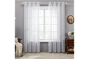 Deconovo Lot de 2 Rideaux Voilages, Décoration Rideau Cuisine Restaurant à Oeillets, 140×215 CM, Blanc, Maison Chambre Enfant Fille Salon, Argenté Motif Point