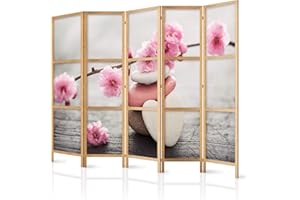 decomonkey 5 Panelli Paravento - 225 x 171cm Fiori rosa su pietre Divisorio Separè per la separazione degli ambienti la casa l'ufficio la spa