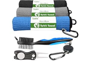 ToVii Golf Towel Microfiber Waffle Pattern Club Groove Cleaner Brush Foldable Divot Tool with Magnetic Golf Gifts Accessories Set Black