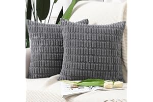 Madizz Pack of 2 Boho Striped Corduroy Throw Pillow Covers 14x14 inch, 35x35 cm, Dark Grey Soft Decorative Cushion Cover for Sofa Bedroom Pillow Shell