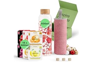 WATERDROP MICRODRINK waterdrop® Coffret Dégustation Verre - Bouteille en Verre 600ml + 18 Cubes à Boire en 6 Saveurs, Boisson en Cube avec Vitamine C & Vitamine B, Sans Sucre, Gourde d'Eau, Coffret Cadeau Femme & Homme