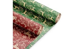 Kraft & Co 2 Pack Christmas Wrapping Paper Roll - Festive Designed Recyclable Kraft Paper, Perfect for Holiday Gifts, Arts & Crafts-Wrapping for a Merry Christmas (44.5cm x 25m) (Reindeer)
