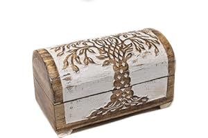 Kunstversteck Treasure Chest Tree of Life Design 2 Solid Wooden Decorative Box 20.5 x 11 x 12.5 cm White Wash