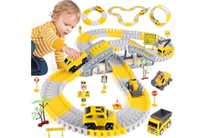 TODARRUN Construction Race Track Toys, Create A Engineering Road Games for Kids Toys, Flexible Track PlaySet and 2 Electric Cars 4 Construction Cars for 3 4 5 6 7 8 Year Old Boys Girls Gift