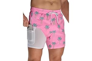 Arcweg Męskie spodenki kąpielowe z wkładką kompresyjną, męskie spodenki kąpielowe 2 w 1, z podszewką z kieszeniami na zamek błyskawiczny, szybkoschnące, rozciągliwe szorty plażowe