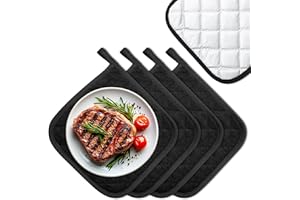 TRAUMARKEU 4 Pezzi Presine da Forno 20x20 cm.Presine da Cucina in Cotone.Resistenti al Calore con Gancio per Appendere, Lavabili in Lavatrice – Sottopentola Isolanti per Cucina,Forno,Pentole(Nero/Argento)