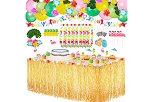 Harrycle Hawaii Party Dekoration Set mit Ballon 286*75cm luau Tischrock gold,8 Hawaii Kränze,Strandballons,Palmblätter, Hawaiian Blumen, Mehrfarbige Regenschirme für BBQ Tropischen Garten Party Deko