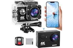 Greatop Caméra Sport 4K 30fps, 20MP WiFi Caméra d'action avec Zoom 8X Stabilisateur EIS Caméra Étanche 40M 170° Angle Réglable, avec Télécommande, 2 x 1350mAh Batteries, Divers Accessoires