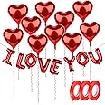 16Inch I Love You Letters Foil Balloons Banner with 10Pcs 18inch Red Heart Balloon 30M Ribbon Love Romantic Balloons for Valentine's Day Birthday Wedding Propose Party Decoration Supplies