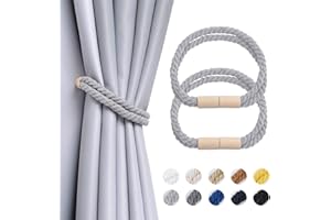 Pretty Jolly 2 Stück Magnetische Vorhang Raffhalter aus Holz, Boho-Dekoration, Raffhalter, handgefertigt, doppeltes Baumwollseil, Vorhanghalter für Zuhause und Büro, Fenstervorhänge (Hellgrau)