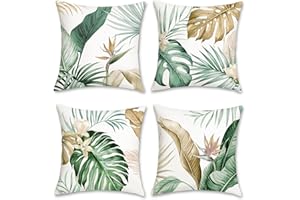 Bonhause Federe per Cuscini Foglie Tropicali 45 x 45 cm Copricuscini Foglia Verde Marrone Velluto Morbido Federa per Cuscino Divano Casa Giardino Decorazione Set di 4