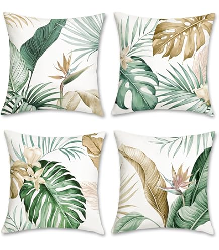 Wald Grün Kissenbezüge 40x40cm - Blattpflanzen Design Mit Gold Dots - 2er Set Dunkelgrün