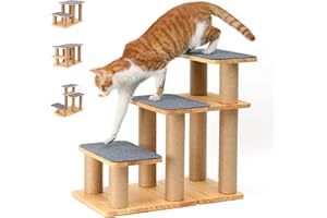 FUKUMARU Scaletta per Gatti e Cani, Scale per Animali in Legno Massello con Tiragraffi, Rampa Transformabile per Letti e Divani, Portata 90 kg, 6+ Combinazioni, 51 cm