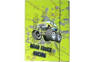 THEONOI Pudełko na zeszyty dla dzieci, format A4, segregator, teczka kolekcjonerska, z kartonu, z gumowym ściągaczem, zszywacz dla chłopców (off road truck)