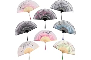 AVLA 8 Pack Folding Fans, Silk Fabric Bamboo Handheld Fans with Tassel, Floral Blossom Hand Holding Fans for Women, Wedding, Dancing Party, Gift, Cosplay, Wall Decoration, Chinese Vintage Retro Style