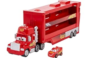 Mattel Disney Pixar Cars Camion Transporteur Mack pour transporter jusqu'à 18 mini-véhicules, mini voiture Flash McQueen incluse, jouet pour enfant, GNW34