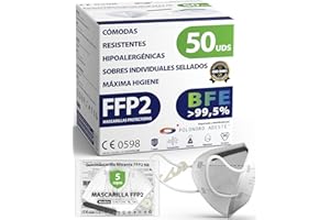 POLONORD ADESTE ADESTE - 50 Mascarillas FFP2 Blancas con Certificado CE, cadena controlada, elásticos cómodos, hipoalergénicos y regulables. Seguras: potencia de filtrado BFE >99,5%. Sobres individuales sellados