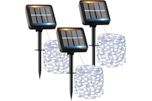 FIFLYING Luci Solari Esterno【3 Pacchi】12+2M 120LED Luci Solari da Giardino IP65 Impermeabili Bianco Freddo 8 Modalità Catena Luci Solari Esterno Decorative Giardino Albero Patio Terrazze Matrimonio Festa