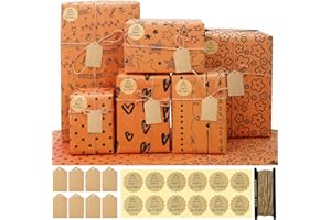 FullJoyHut 6 Fogli Carta da Regalo Kraft Compleanno 70X50CM, con 12 Adesivi, 8 Etichette Regalo Carta Kraft, 1 Rotolo Corde Luta Confezione Regalo per Compleanno Natale