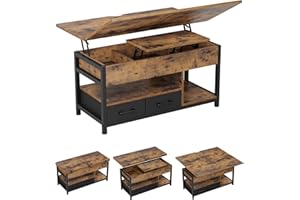 ‎KIMENICH Couchtisch Höhenverstellbar, 3-in-1-Multifunktions-Wohnzimmertisch, Couchtisch mit 2 Schublade, Kaffeetisch, Versteckter Aufbewahrung, Offenes Fach, Als Esstisch nutzbar, für Wohnzimmer, Büro, Braun