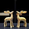 BEHOMA Antique Golden Aluminium Christmas Reindeer Figurine Statue 2 Pcs | Reindeer Showpiece for Tabletop, Bookshelf, Desktop, Cabinets, Valentine's Day (Jewellery not Included)