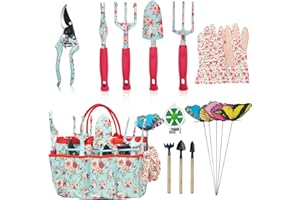 MQFORU Gartenwerkzeug Set, 16 Stück Blumen Gartengeräte Set Garten-Handwerkzeug-Geschenkset，Gartengeschenke für Frauen und Männer, mit Gartenschere und Aufbewahrungstasche，Garten Zubehör Geschenk