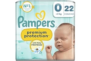 Pampers Premium Protection Taille 0, 22 Couches, 3kg, Double Protection Pour La Peau Et Contre Les Fuites