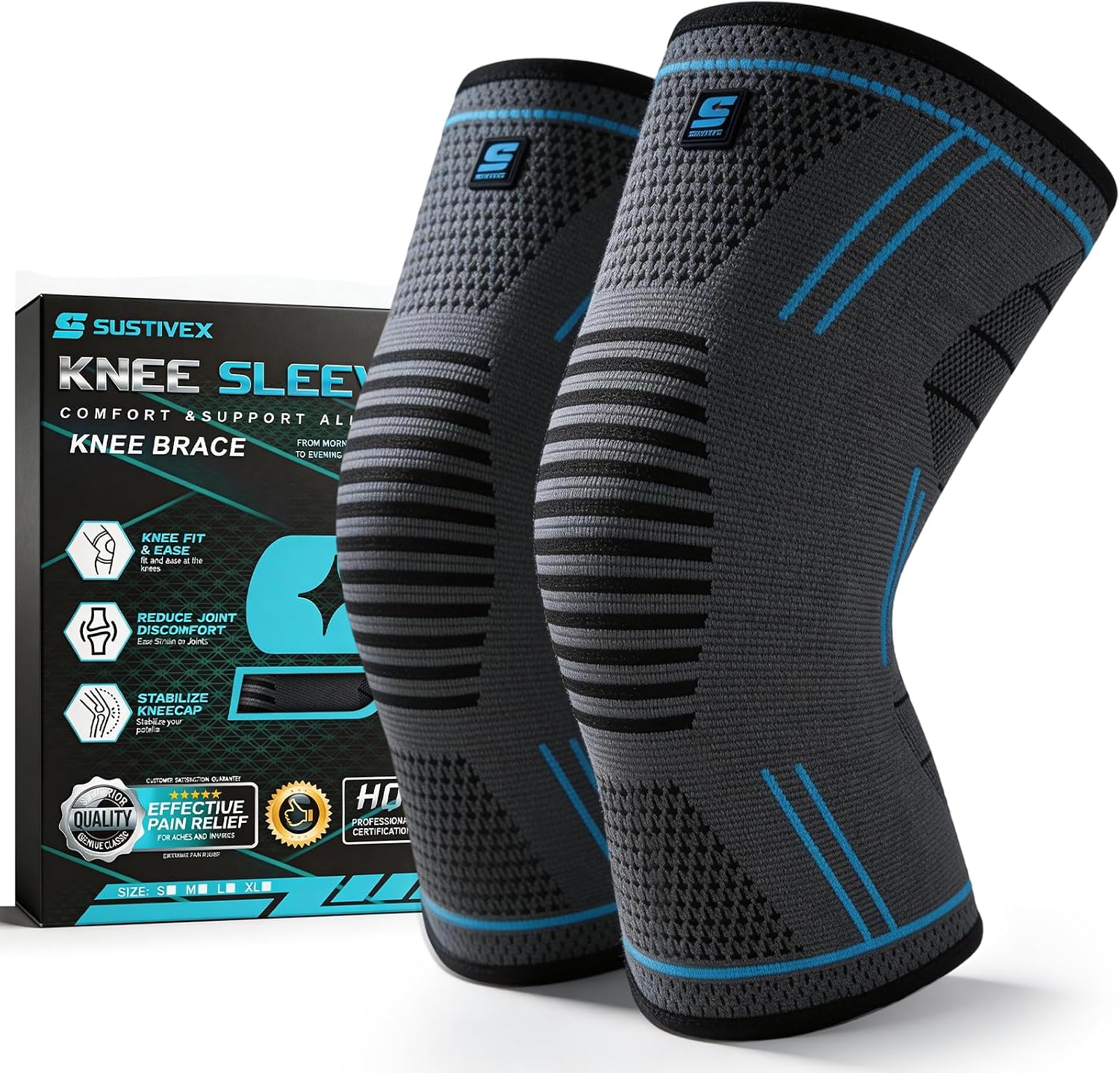 Pack de 2 Rodilleras, Antideslizante Rodilleras Crossfit, Aliviar el Dolor Articular, Knee Brace, Transpirable Rodillera para Gym, Voleibol, Baloncesto, Correr, Bicicleta, Unisex (Línea Azul-M)