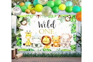 DAFUHAO Wild One Backdrop for Photography Animals Greenery First Birthday Party Decoration Supplies Vinyl Cute Jungle Safari Photo Background Banner with 6M Rope for Baby Boys Shower, 6x3.6FT