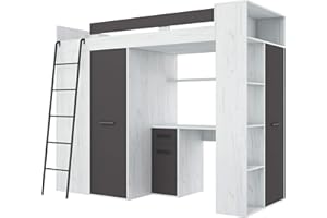 FURNITUREBYJDM High Sleeper Bed with Desk, Wardrobe and Bookcase - Space Saving Loft Bed for Kids/Children (236x120x190 cm) - 90x200 cm Mattress Size - Left Hand-side Ladder - VERANA (Craft White / Graphite)