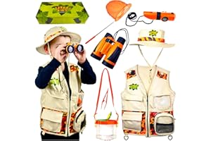 Kidz@Play Safari Kidz Outdoor Adventure Set. Perfect Safari, Hunting, Park Ranger Costume with Vest, Hat, Binoculars, Bug Net, Bug Container, Whistle, Torch, Magnifying Glass, Tweezers (Orange)