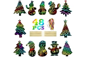Ctxtqtdt 48 Stück Kratzbilder Weihnachten Deko, Weihnachtsschmuck mit Bändern, Regenbogen Scratch Art Deko Set für Geschenk Weihnachten Erwachsene