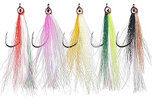SHADDOCK Bucktail Teasers Fishing Hook Saltwater Fishing Jig Hooks 5pcs Teaser Lures High Carbon Steel Hook with Crystal Flash Feather Fluke Rig Fly Fishing Bass Sea Lures