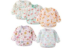ElecMotive Long Sleeve Bibs 5 Pack Waterproof Sleeved Bib Baby Toddler Soft Bib for 6-30 Months