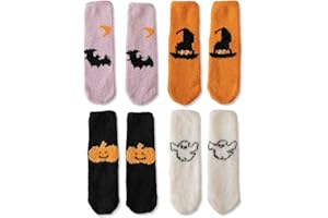 MICJLLT 4 Pair Halloween Socks Warm Fleece,Halloween Fluffy Socks with Pumpkin, Bat, Ghost Cartoon As Gifts for Womens and Girls,Cosy Fluffy Fuzzy Crew Socks Designs Holiday Festival Accessories