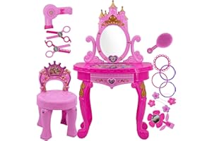 The Magic Toy Shop Princess Vanity Dressing Table & Stool Set - Pink Castle Kids Dressing Table with Mirror - Children's Make Up Station Toy with Hairdryer & Accessories for Girls Age 3+