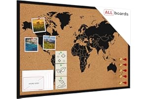 ALLboards Lavagna in sughero MAPPA DEL MONDO cornice in legno NERA 90x60cm, bacheca in sughero