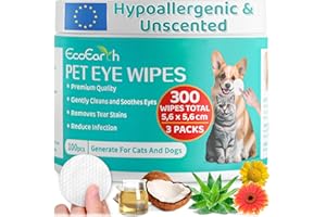 EcoEarth Salviette oculari Premium per Cani e Gatti - 300 Pezzi - Dischetti per la Pulizia degli Occhi degli Animali Domestici per Rimuovere Macchie, croste e secrezioni