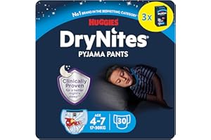Huggies DryNites Pañales de Noche para Niño 4-7 (17-30 kg), Clínicamente Probado con 5 Capas de Máxima Protección Nocturna, 3 Packs de 10, Total 30 Bragas Absorbentes