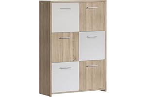‎FORTE FORTE Quadro Kommode mit 6 Türen, Holzwerkstoff, Sonoma Eiche / Weiß, 77.2 x 29.6 x 112.7 cm