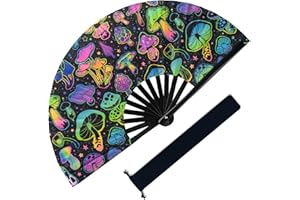 ERDOGLY UV Glow - Ventilador de mano plegable grande para festivales, ventilador de mano Clack para hombres y mujeres, abanico plegable de tela de hongos para fiestas, festivales de música, EDM, eventos,