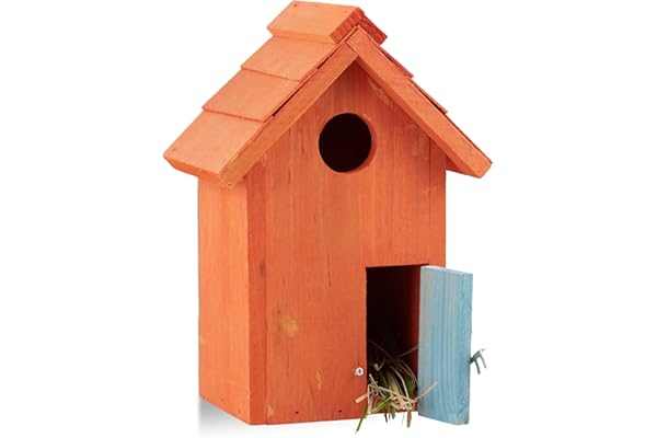 Relaxdays Nichoir à oiseaux en bois forme de petite maison avec porte abri refuge HxlxP: 24,3 x 17 x 12 cm, orange