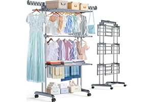 PurKeep Étendoir à Linge 4 Niveaux - Séchoir à Linge Pliable avec roulettes, Étendoir Linge Intérieur/Extérieur en Acier Inoxydable, Grand Séchoir à Linge pour Buanderie, Balcon, Gris et Noir