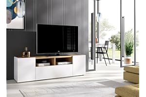 Dmora - Mobile porta TV Etna, Credenza bassa da soggiorno, Madia da salotto per televisione, 142x35h44 cm, Bianco e Rovere Nodi