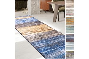 KARAT Alfombra de pasillo para cocina, pasillo y sala de estar, pasillo o cocina, alfombra moderna antideslizante de pasillo para salón y dormitorio, se vende por metros a medida, color azul-marrón,