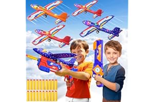 TEMI 4 Pack Foam Airplanes with 2 Deformable Launchers for Boys 3 4 5 6 7 8 Years, Catapult Glider with 4 LED Flying Toy Planes for Kids, Outdoor Flying Toys (20 Soft Foam Darts)