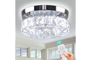 CXGLEAMING 9.8" Modern Crystal Chandelier Ceiling Light Fittings Dimmable Chandelier Flush LED Ceiling Light for Living Room Bedroom Bathroom Hallway Kitchen(Remote Control)